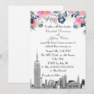 Convites Horizonte de NYC ESB Etch Rosa Azul Floral Casamen