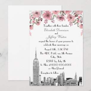 Convites Horizonte de NYC ESB Etch Rosa Floral Casamento