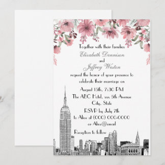 Convites Horizonte de NYC ESB Etch Rosa Floral Casamento