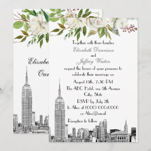 Convites Horizonte de NYC ESB Floral Aquarela Casamento