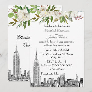 Convites Horizonte de NYC ESB Floral Aquarela Casamento
