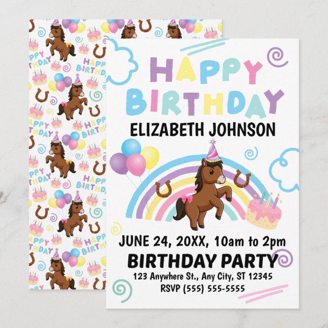 Convites Horse Birthday Invitation (Frente/Verso)