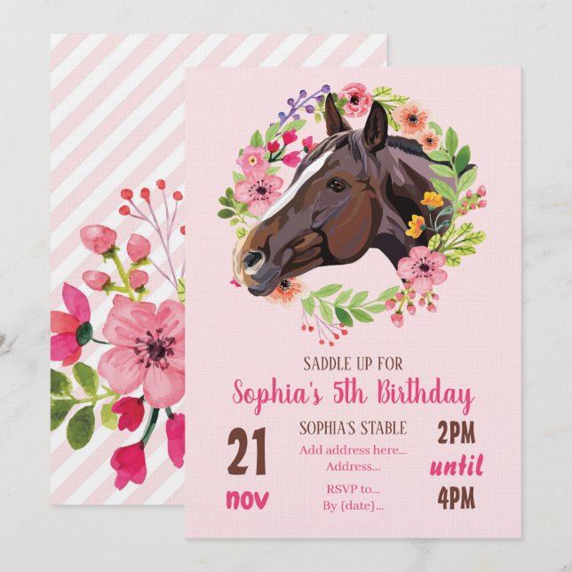 Convites Horse Birthday Party Cowgirl Pink Floral Birthday (Frente/Verso)