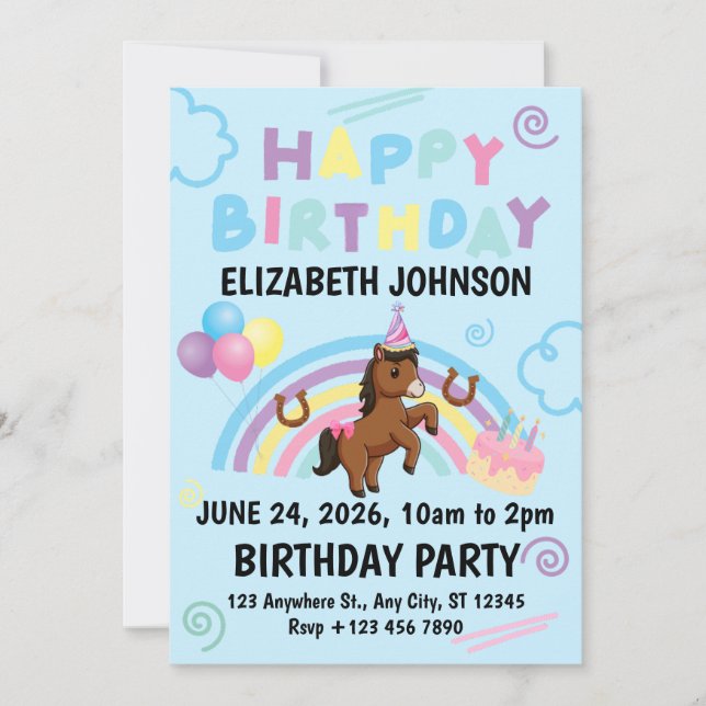 Convites Horse Birthday Party Invitation Blue (Frente)