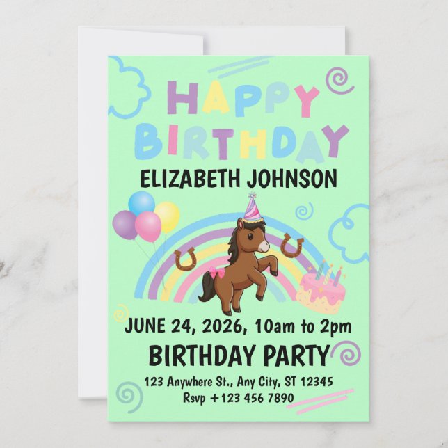 Convites Horse Birthday Party Invitation Green (Frente)