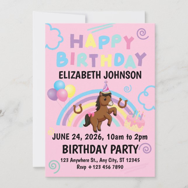 Convites Horse Birthday Party Invitation Pink (Frente)