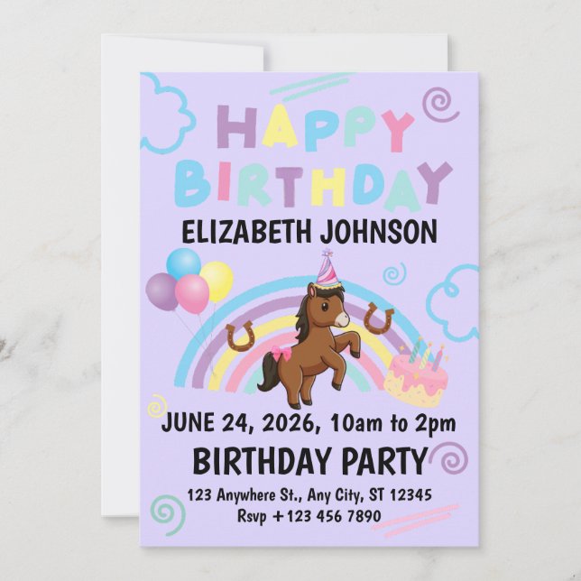 Convites Horse Birthday Party Invitation Purple (Frente)