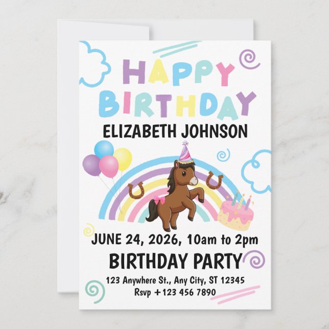 Convites Horse Birthday Party Invitation White (Frente)