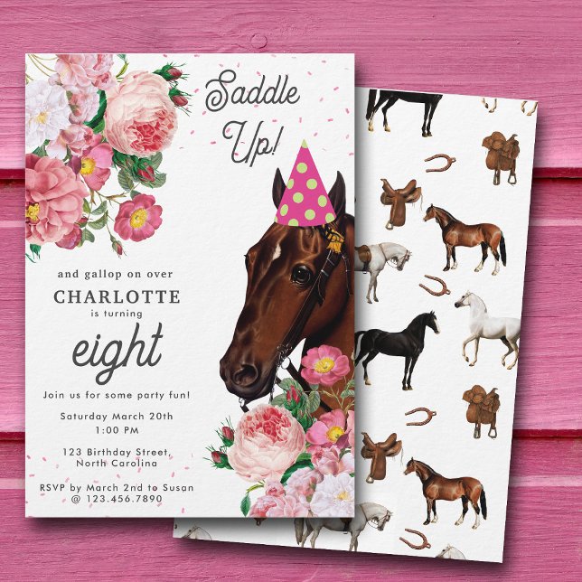 Convites Horse Birthday Theme Pink Floral Girl Cowgirl (Horse Birthday Theme Pink Floral Girl Cowgirl Invitation)