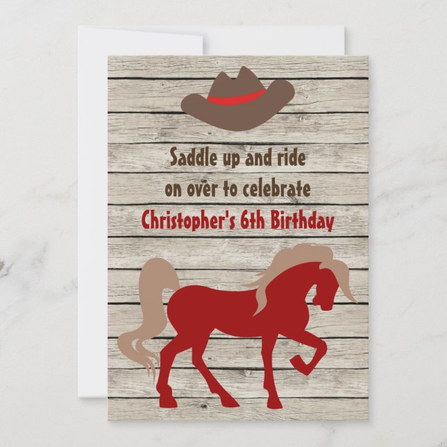 Convites Horse e Cowboy Hat Barn Wood Ocidental Aniversário (Frente)