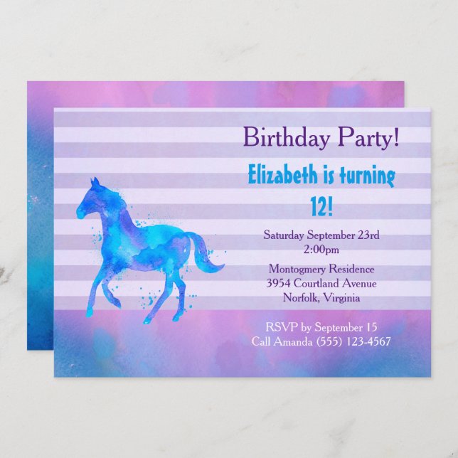 Convites Horse Selvagem, Cor da Água Horizontal, Stripes de (Frente/Verso)