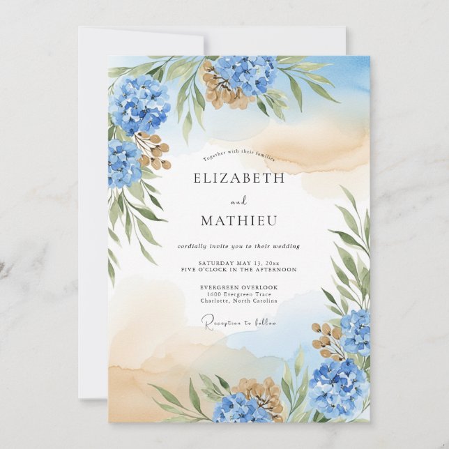 Convites Hortênsia Azul Casamento Etéreo (Frente)