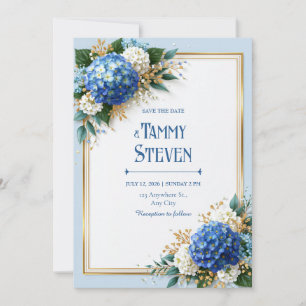 Convites Hortênsia Azul Centáurea Moldura Dourada Casamento