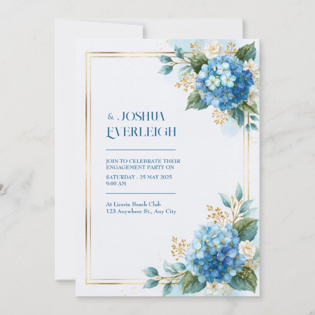 Convites Hortênsia Azul Céu Casamento Dourado (Frente)