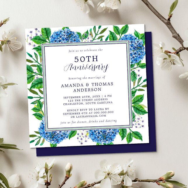 Convites Hortênsia Azul de Qualquer Ano Aniversário de 50 A (Front / Back)