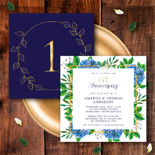 Convites Hortênsia Azul Dourada 1º Aniversário de Casamento