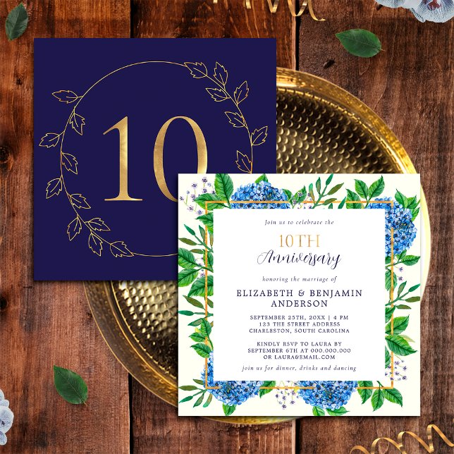 Convites Hortênsia Azul Dourada 10º Aniversário de Casament (Front / Back)