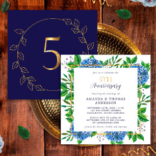 Convites Hortênsia Azul Dourada 5º Aniversário de Casamento