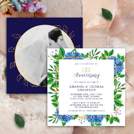 Convites Hortênsia Azul Dourada Aniversário de 1º Casamento