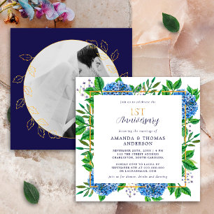 Convites Hortênsia Azul Dourada Aniversário de 1º Casamento