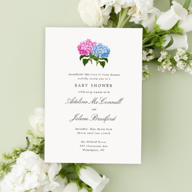 Convites Hortênsia Azul e Rosa Grand-millennial Dupla (Pink and blue two mothers double baby shower invitation with hydrangea flowers and traditional style)