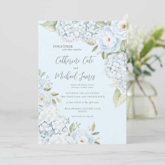 Convites Hortênsia Azul Elegante Orçamento de Casamento Flo (Em pé/Frente)