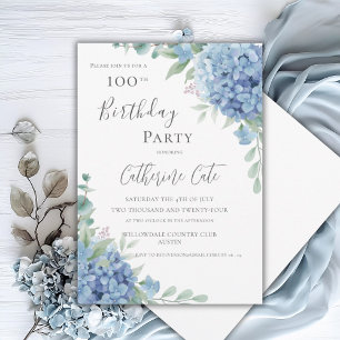 Convites Hortênsia Azul Floral Elegante 100º Aniversário