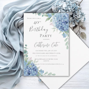 Convites Hortênsia Azul Floral Elegante 40º Aniversário