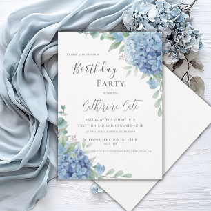Convites Hortênsia Azul Floral Elegante Aniversário