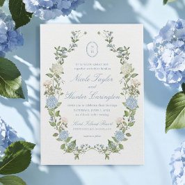 Convites Hortênsia Azul Floral Monograma Brasão Casamento