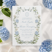 Hortênsia Azul Floral Monograma Crista Casamento
