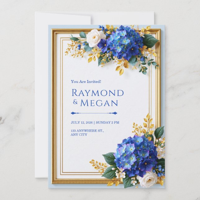 Convites Hortênsia Azul Íris Wedding Dourado (Frente)