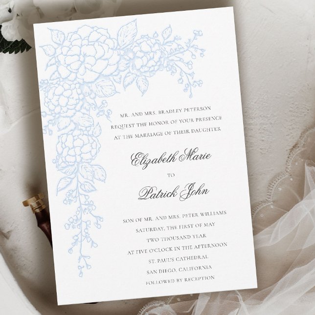 Convites Hortênsia Azul Luminoso Casamento Clássico Formal (hydrangea wedding invitation formal traditional modern classic art sketch parents host blue)