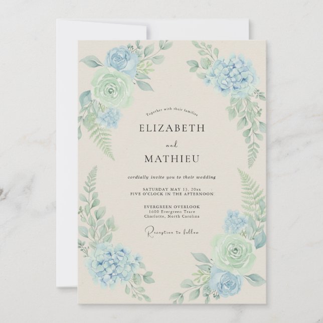Convites Hortênsia Azul-Mintada Eucalipto Casamento (Frente)