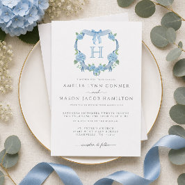 Convites Hortênsia Azul Monograma Floral Crista Casamento