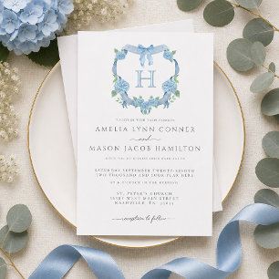 Convites Hortênsia Azul Monograma Floral Crista Casamento