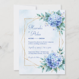 Convites Hortênsia Azul Pó Dourado Casamento