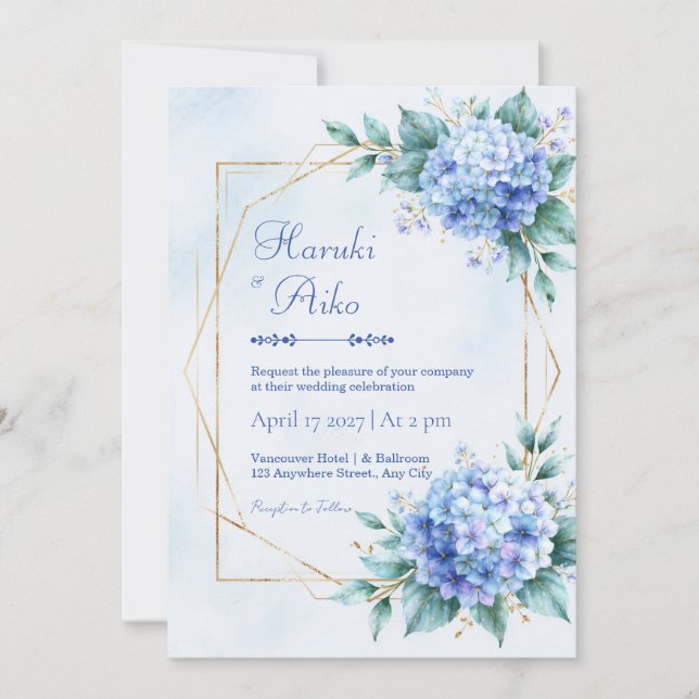 Convites Hortênsia Azul Pó Dourado Casamento (Frente)