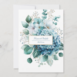 Convites Hortênsia Azul Poeirenta Elegante Floral Dourado