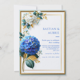 Convites Hortênsia Azul Real Moldura Dourada Casamento