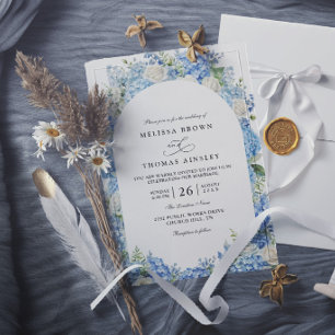 Convites Hortênsia Azul Rosas Brancas Floral Casamento Eleg