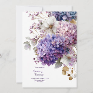 Convites Hortênsia Azul Roxa Dourado Floral Aquarela