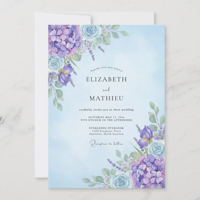 Convites Hortênsia Cornflower Eucalipto Casamento Amethyst (Frente)