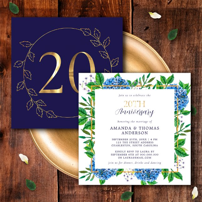 Convites Hortênsia Dourada e Azul Aniversário de 20 Anos de (Front / Back)