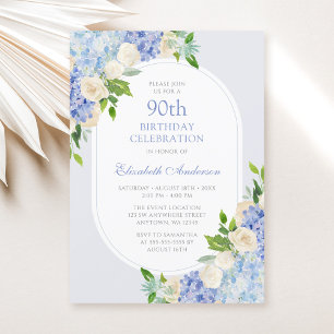 Convites Hortênsia Floral Azul Elegante Aniversário de 90 a