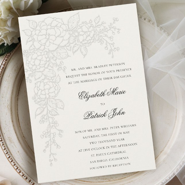Convites Hortênsia Luminosa Ecru Casamento Clássico Formal (hydrangea wedding invitation formal traditional modern classic art sketch parents host ecru)