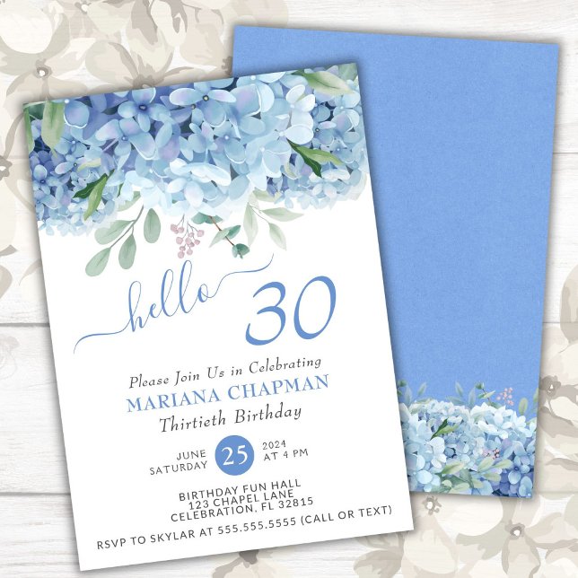 Convites Hortênsias Azuis Aquarela Floral 30º Aniversário (Criador carregado)