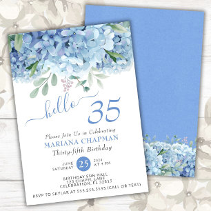 Convites Hortênsias Azuis Aquarela Floral Aniversário de 35