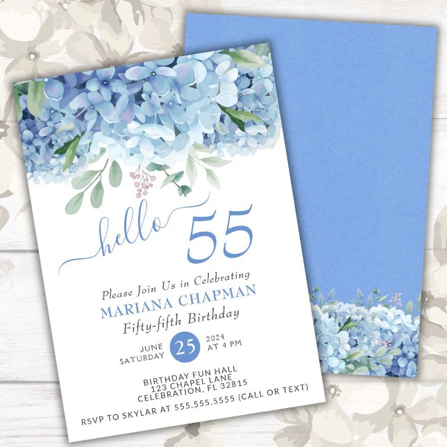 Convites Hortênsias Azuis Aquarela Floral Aniversário de 55 (Criador carregado)