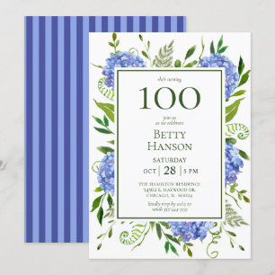 Convites Hortênsias Azuis de Aniversário de 100 anos